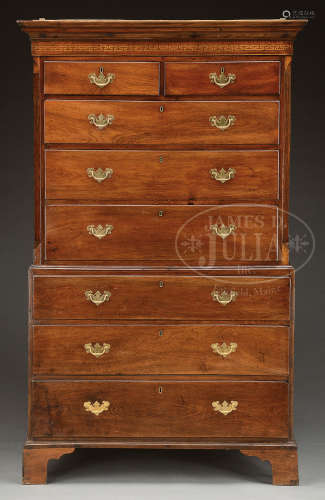 GEORGE III INLAID OAK CHEST ON CHEST.