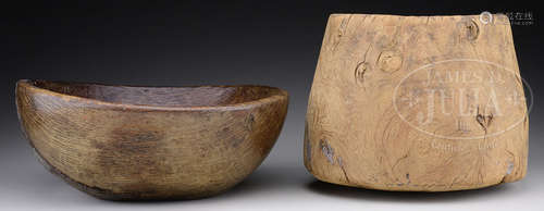 EARLY AMERICAN BURL BOWL TOGETHER WITH AN OAK EXAMPLE.