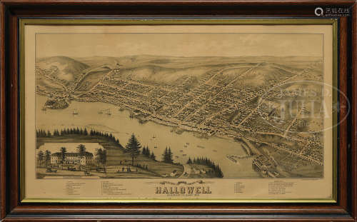 FRAMED BIRDS EYE VIEW OF THE CITY OF HALLOWELL, MAINE.