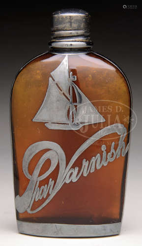 RARE, UNIQUE AND WHIMSICAL SILVER OVERLAID BROWN BOTTLE LABELED “SPAR VARNISH” IN FLORID SCRIPT.