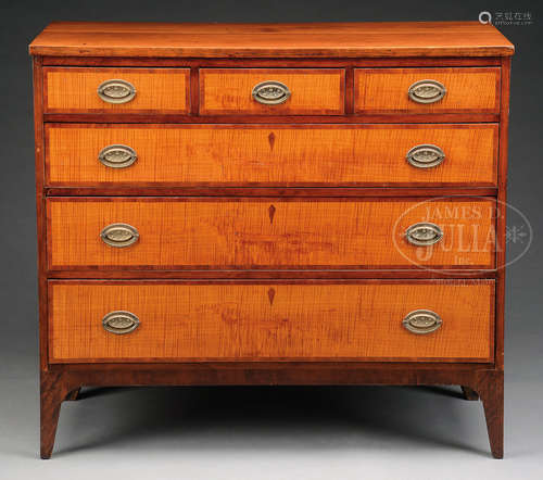 FEDERAL CHERRY, TIGER MAPLE AND MAHOGANY CHEST OF DRAWERS.