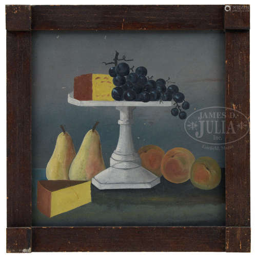 OUTSTANDING PRIMITIVE STILL LIFE OF WHITE COMPOTE WITH FRUIT AND CHEESE.