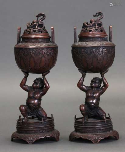 pair of Japanese bronze incense burners, Meiji period