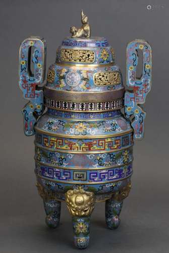 tall Chinese gilt cloisonne tripod censer