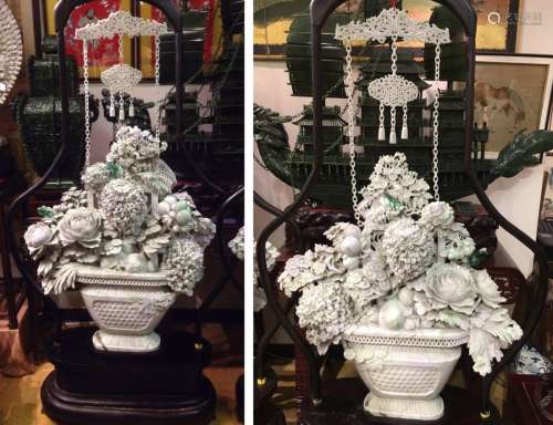 pair of massive Chinese jadeite baskets w/ flowers