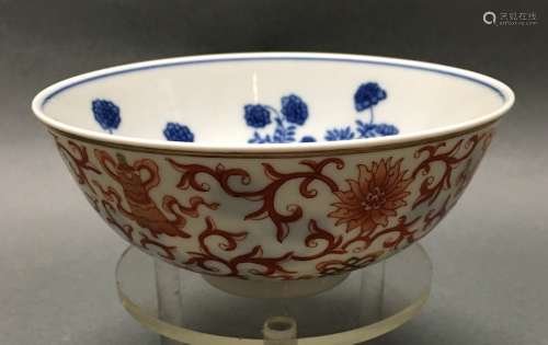 Chinese blue, white & iron red porcelain bowl