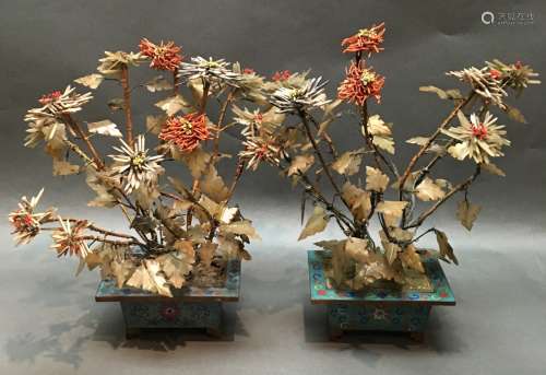 pair of Chinese jade & coral bonsai flower trees