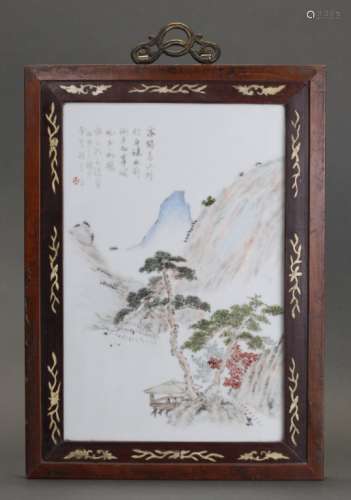 framed Chinese porcelain plaque w/ landscape motif