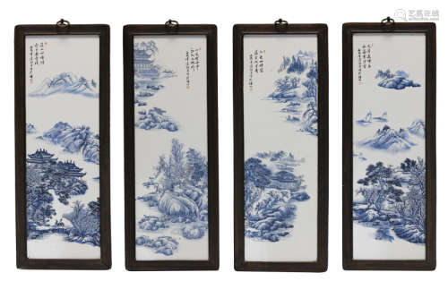 4 framed Chinese blue & white porcelain panels
