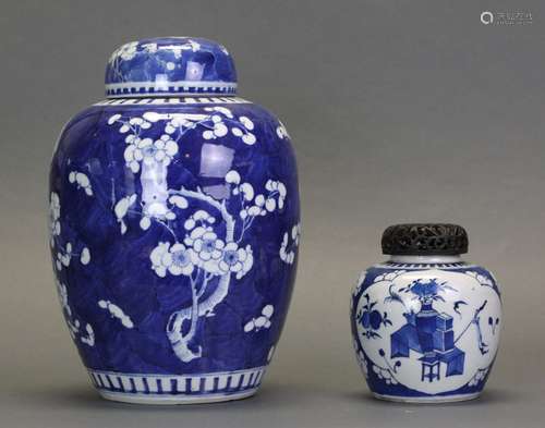 2 Chinese blue & white cover jars, 19th/Republican period