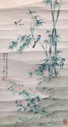 Chinese watercolor painting w/ bird and flower motif