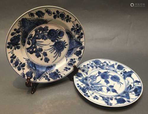 2 Chinese blue & white porcelain plates, 18th c.