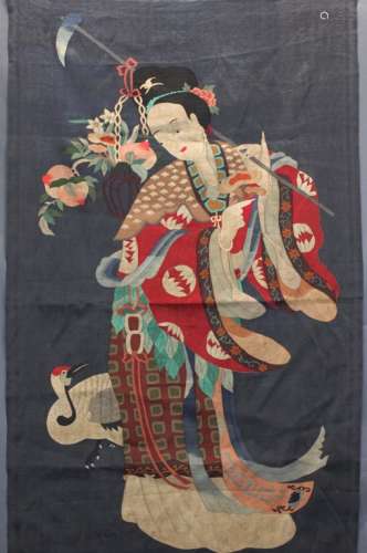 Chinese kesi panel of a female immortal w/ a crane