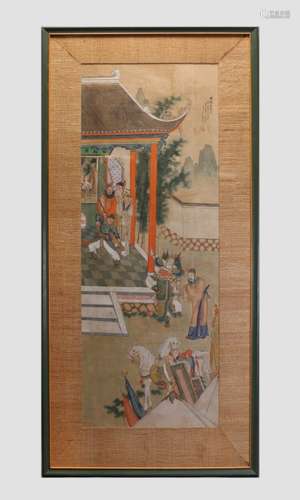 framed Chinese watercolor painting w/ figural scene