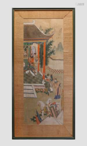 framed Chinese watercolor painting w/ figural scene