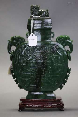 Chinese carved spinach jade cover vase