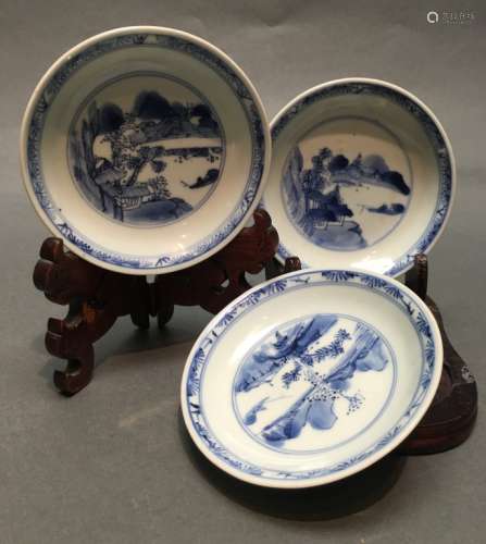 3 Chinese blue & white dishes, Qing dynasty