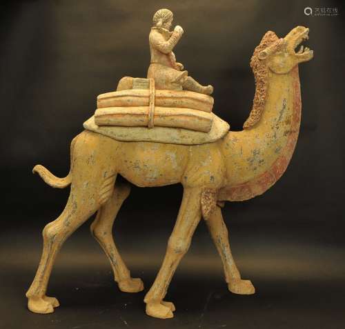Chinese pottery standing camel w/ rider