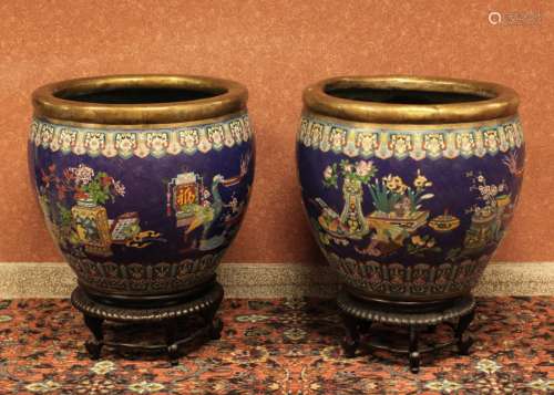 pair of large Chinese gilded cloisonne fish bowls
