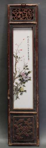 Chinese porcelain panel inset in wooden frame