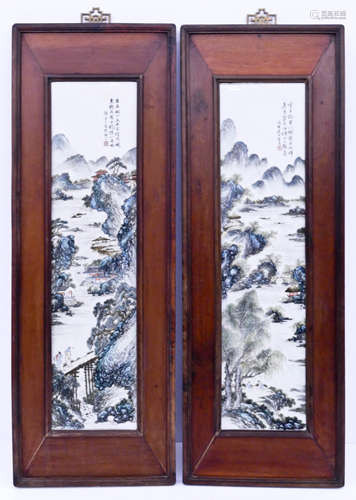 Pair Chinese Porcelain Landscape Plaques by Chen Baochang Framed