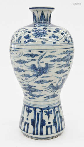 Chinese Ming Meiping Blue & White Crane Vase