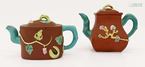 2pc Chinese Yixing Zisha Enameled Teapots.