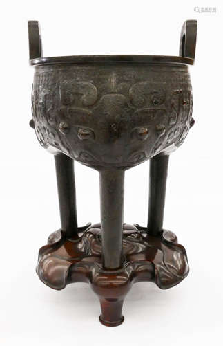 Fine Chinese Ming Bronze Tripod Censer on Stand