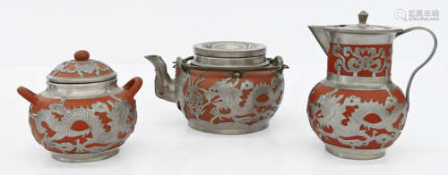 3pc Chinese Yixing Pewter Dragon Tea Set.