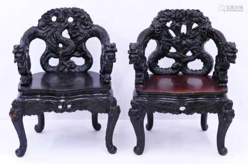 2pc Japanese Carved Dragon Chairs