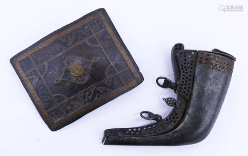 2pc Persian Qajar Powder Flask & Belt Buckle.