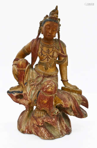 Chinese Polychrome Guanyin Wood Figure