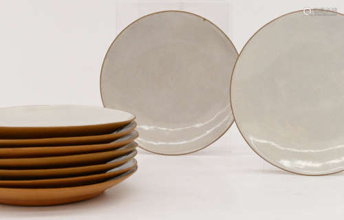 9pc Chinese Buff Yixing Plates by Wu Desheng