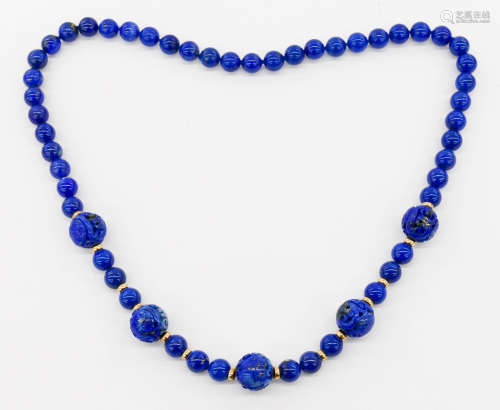 Chinese 14k Lapis Lazuli Shou Beaded Necklace