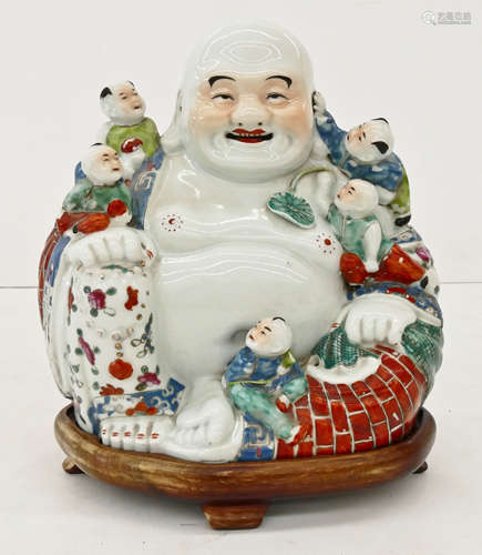 Chinese Republic Laughing Buddha with Children Figure on Stand