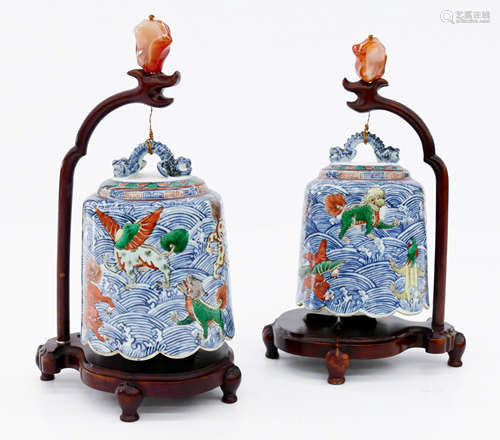 Pair Chinese Wucai Porcelain Bells on Stands