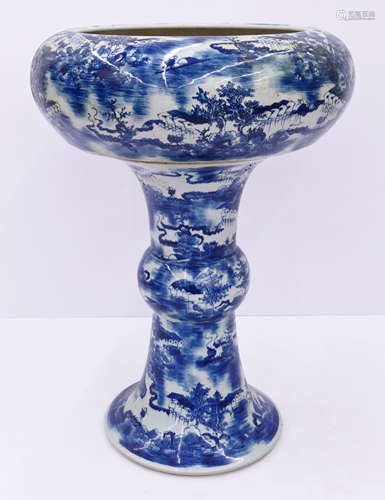 Chinese Blue & White Goldfish Bowl on Stand