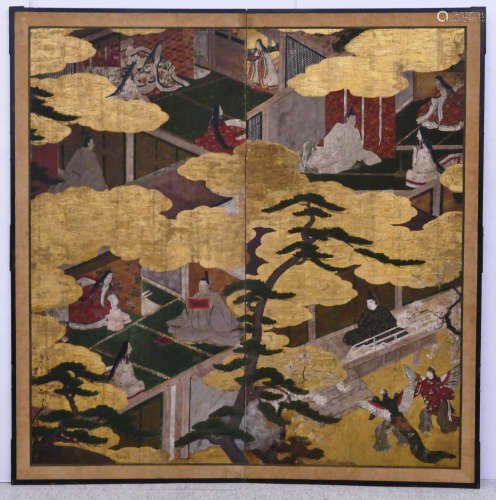 Early Japanese 2-Panel Painted Room Screen