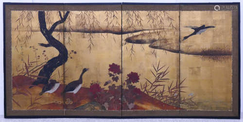 Japanese Geese 4-Panel Painted Screen