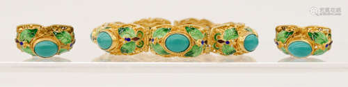Chinese Vermeil Turquoise Bracelet & Earring Set.