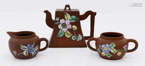 3pc Chinese Yixing Zisha Enameled Tea Set.