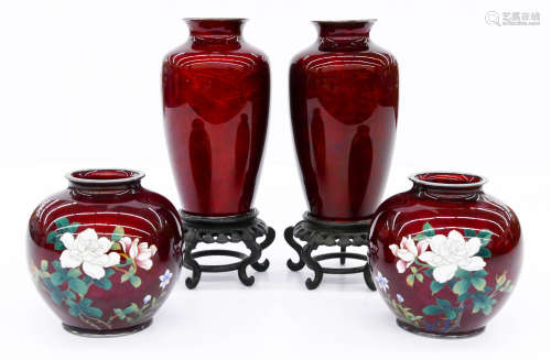 2 Pairs Japanese Sato Pigeon Blood Cloisonne Vases.
