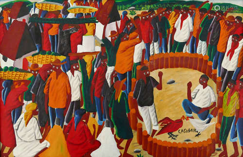 Laurent Casimir (1928-1990 Haiti) Cock Fight Oil on Masonite