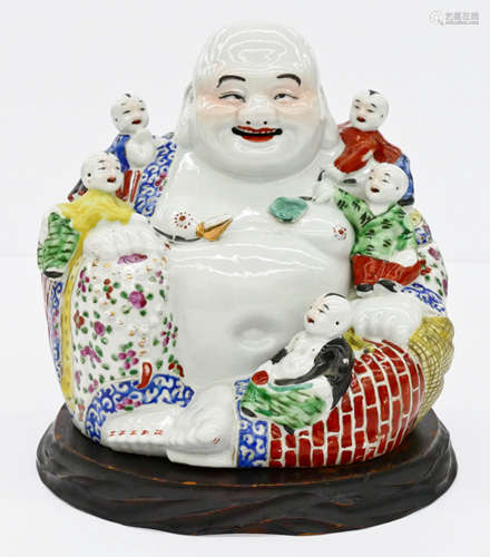 Chinese Republic Laughing Buddha with Children Porcelain Figure