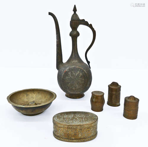 6pc Persian Qajar Brass and Metal Wares.