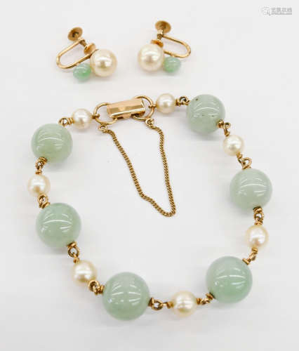 Chinese 14k Jade & Pearl Bracelet and Earring Set.
