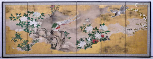 Japanese Pheasant 6-Panel Painted Screen