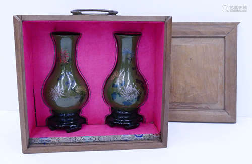 Pair Chinese Lacquered Vases in Fitted Wood Box