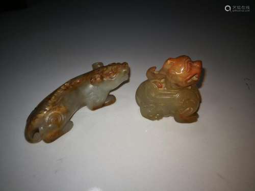 Two Antique Chinese Jade Carving Beast