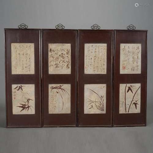 Four Zheng Banqiao Painting Lacquer Panels